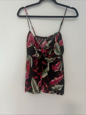 Volcom Black Camisole with Pink and Green Tropical Leaf Print